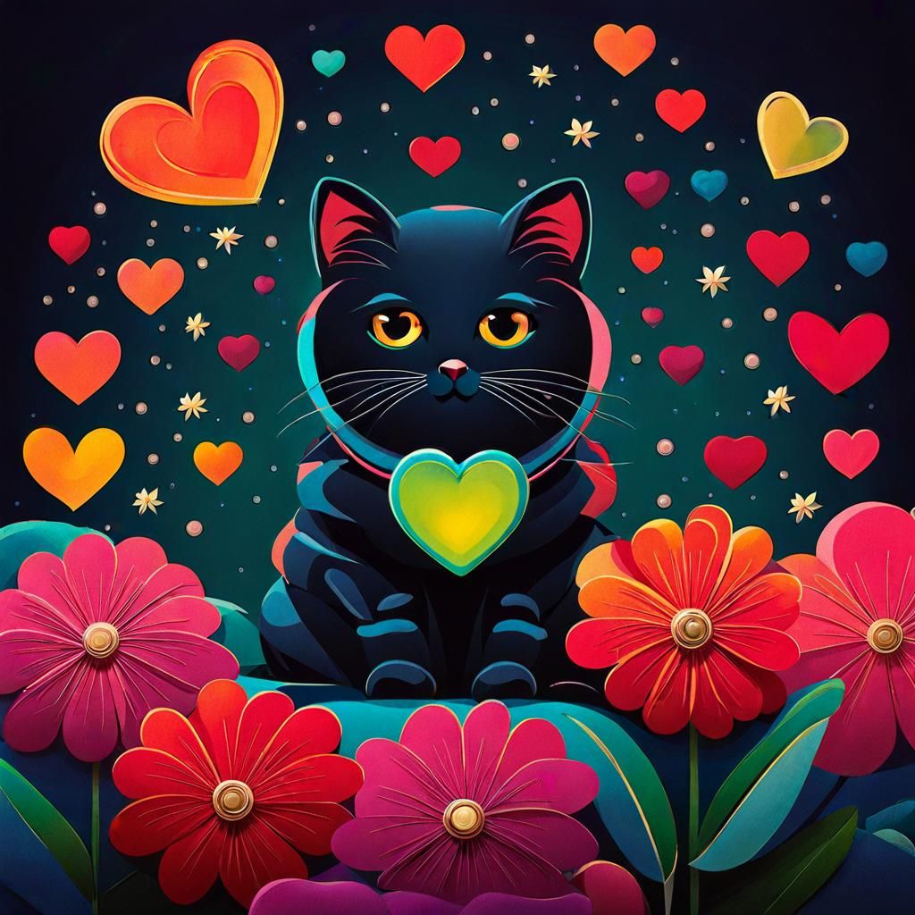 Cute Cat with Heart Lights in Animated Style