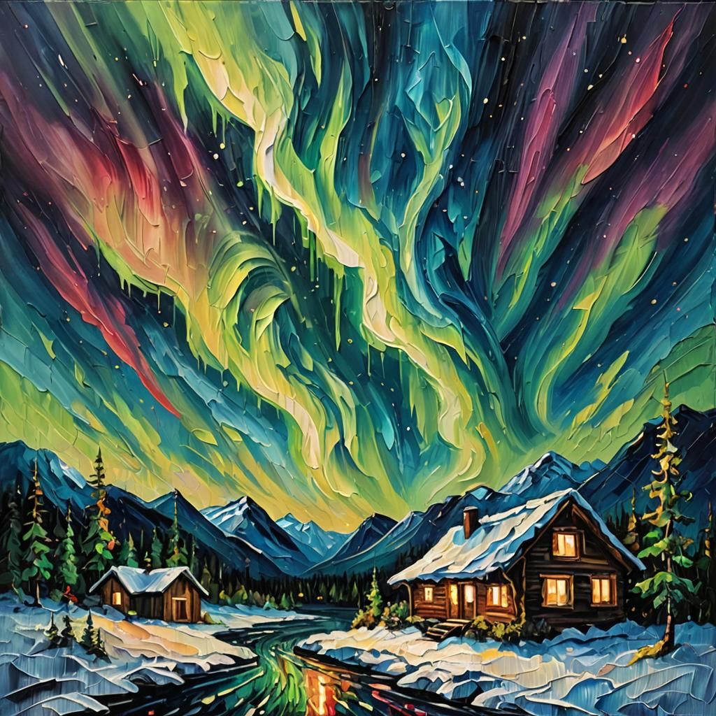 Impasto painting of the northern lights, a mesmerising display of natural colours that fill the night sky...