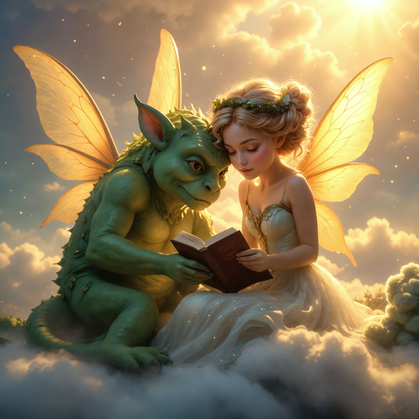 Ethereal Fairy and Monster Reading Together in Heavenly Suns...