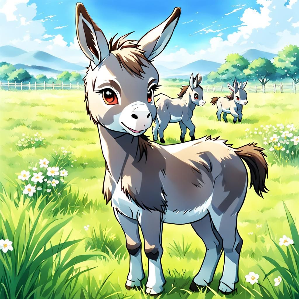 Adorable Donkey in Field: Anime-Inspired Digital Art