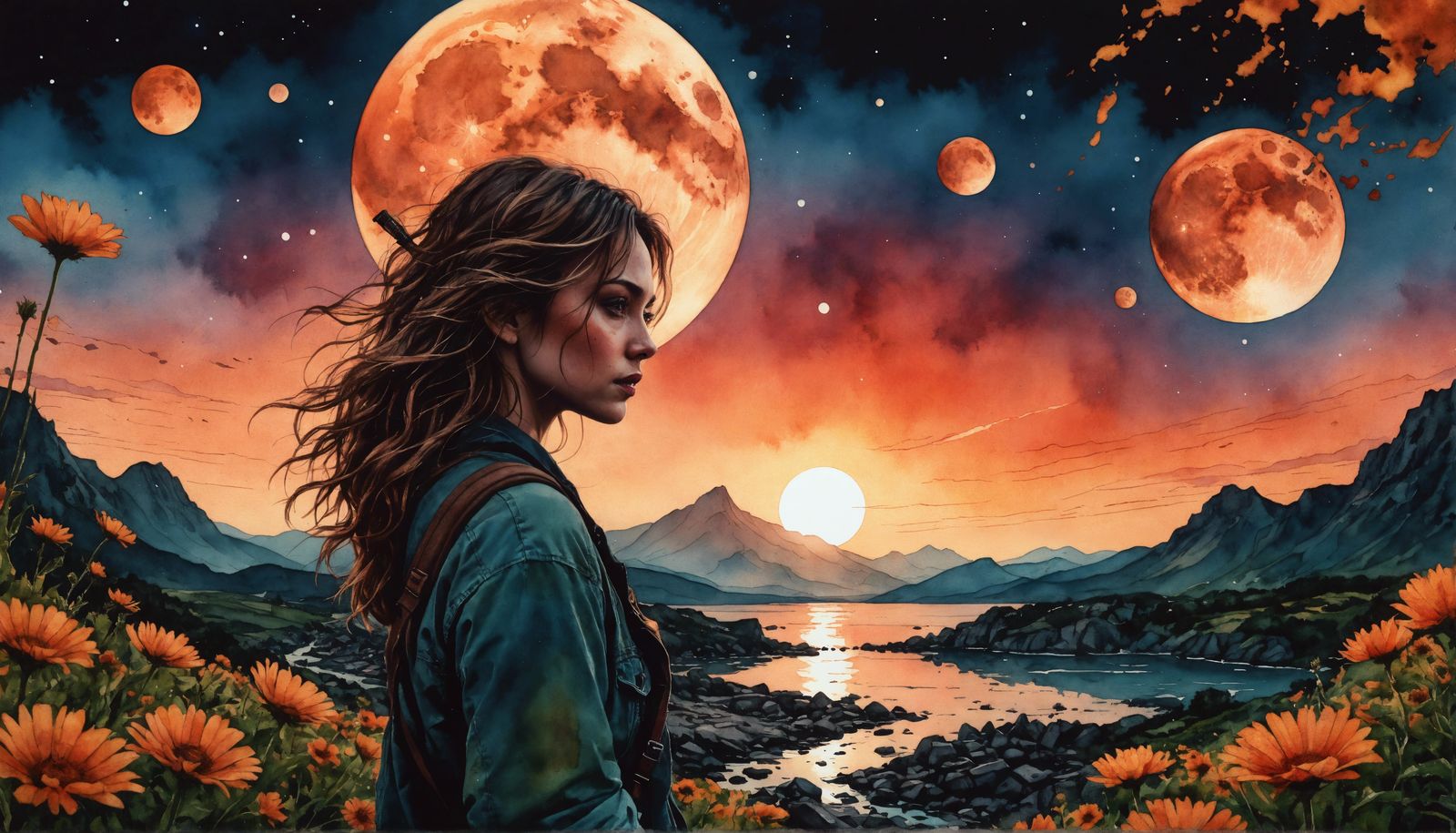 Blood Moon Summerscape: Digital Watercolor Illustration