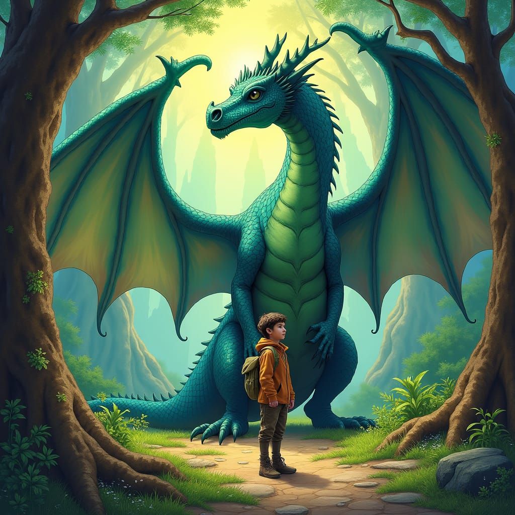 Boy and Dragon in Fantasy Landscape, Illuminated Manuscript ...
