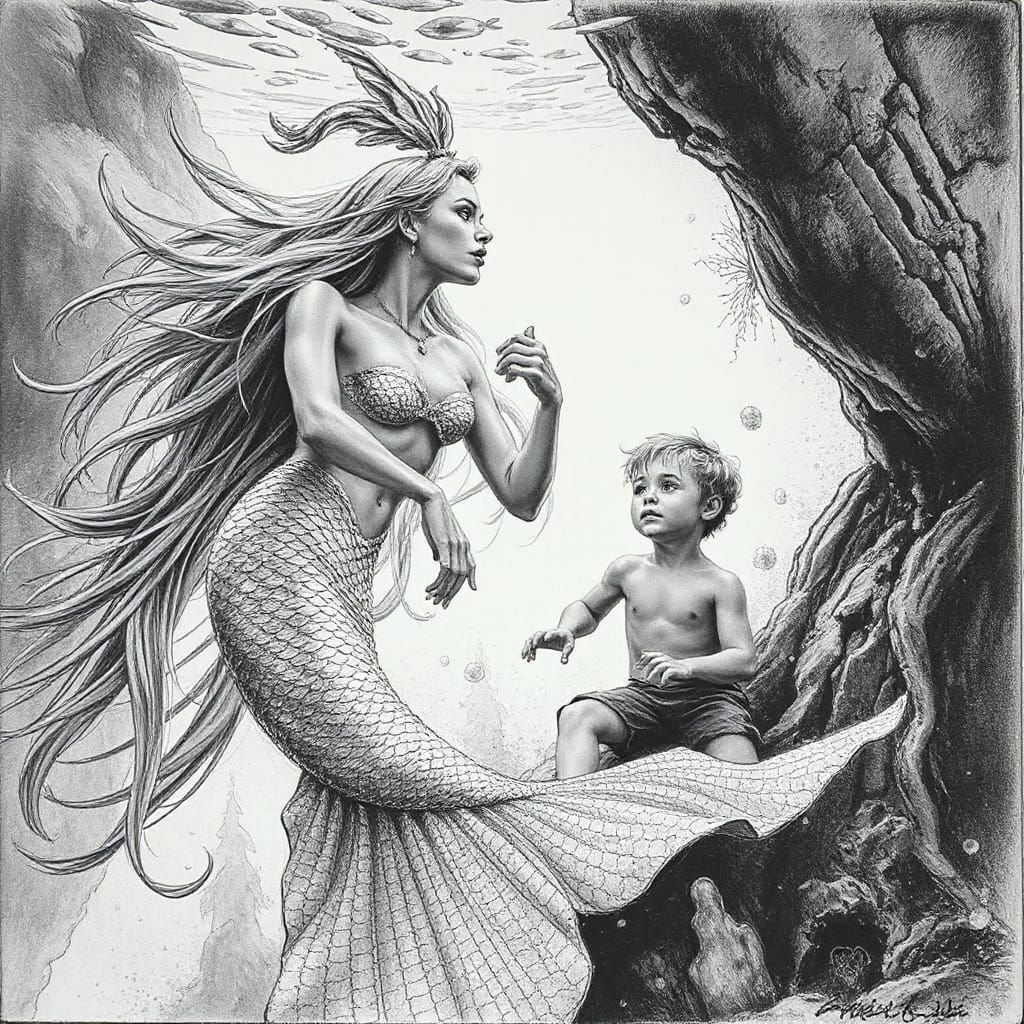 Mermaid and Boy in Underwater Charcoal Drawing