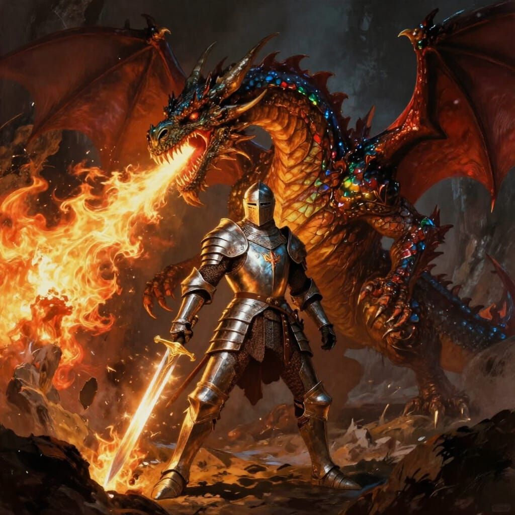 Knight Battles Fiery Dragon in Shadowed Cave