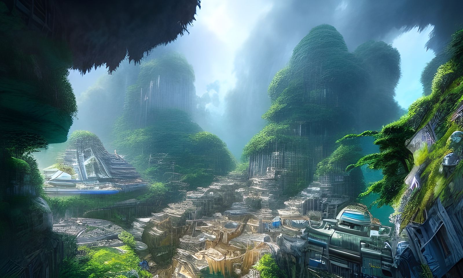 Epic Dense City in Cave, Studio Ghibli Style