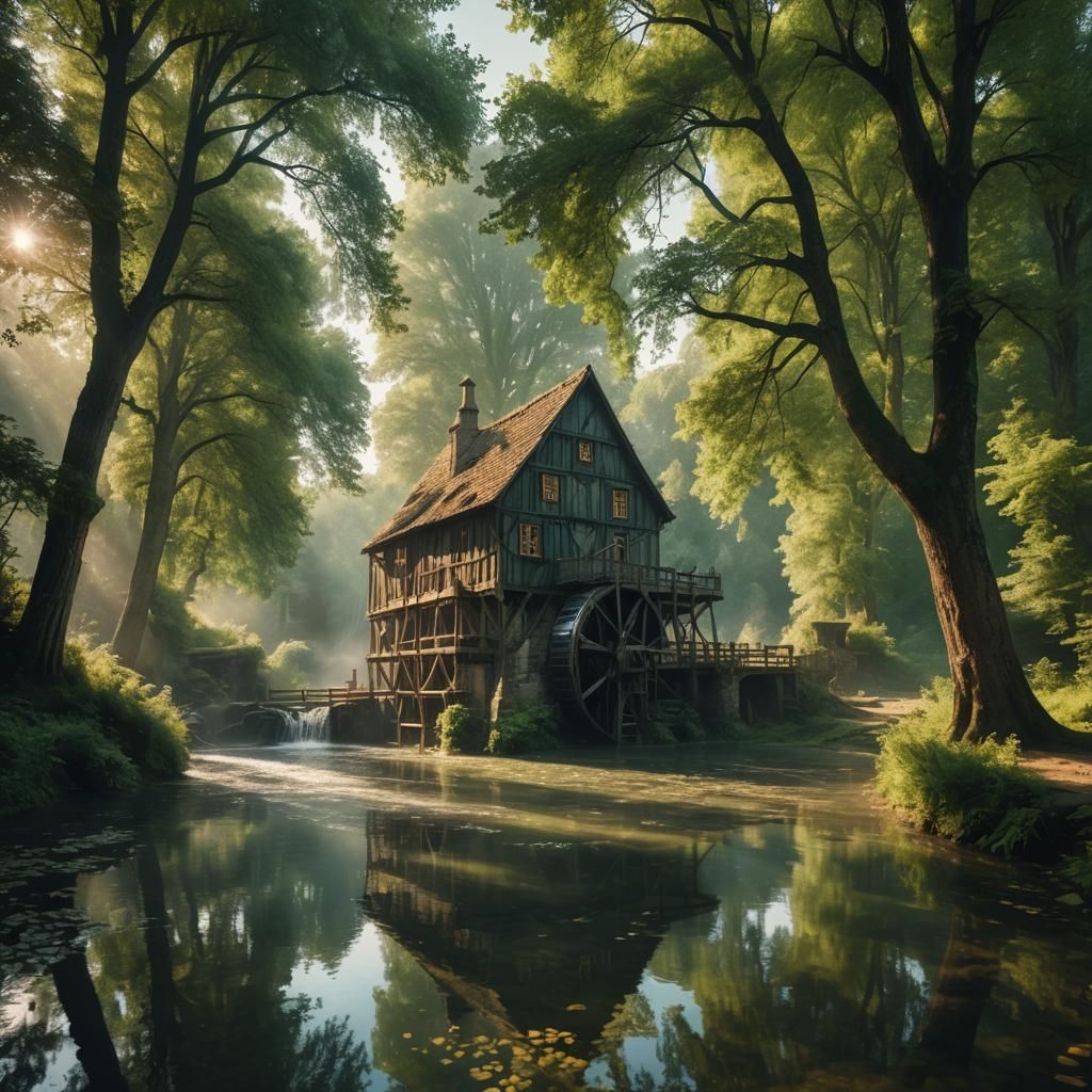 Crystal clear water mills in an enchanted village in gothic ...