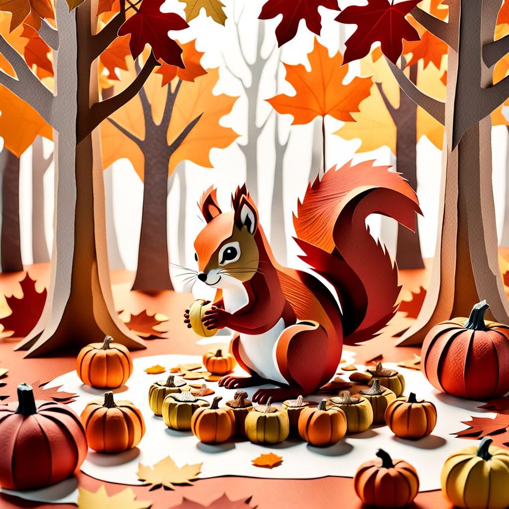 Red Squirrel's Autumn Feast: A Collage Paper Art