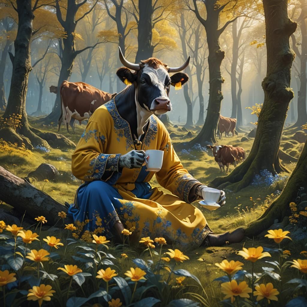 Cow in Dress Drinking Coffee: Fantasy Matte Painting