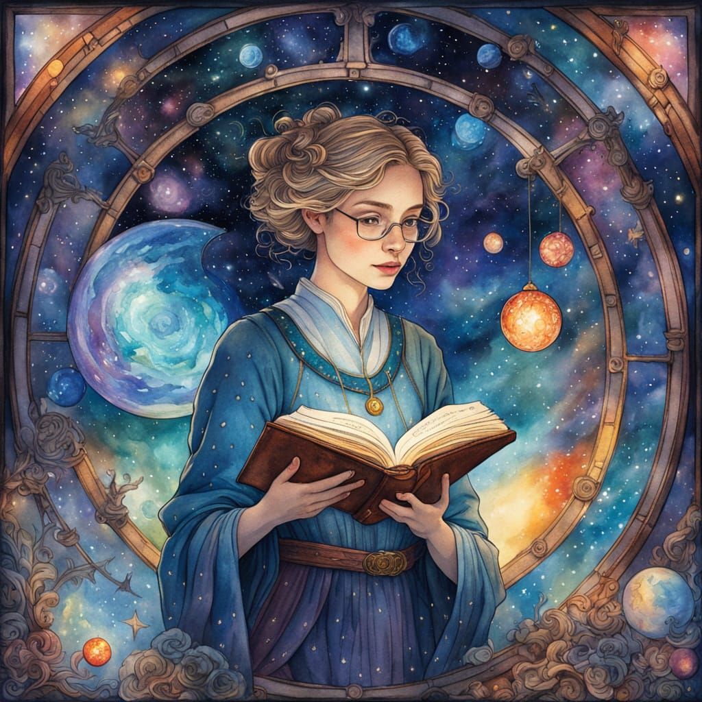 Celestial Librarian in Watercolor Nebula