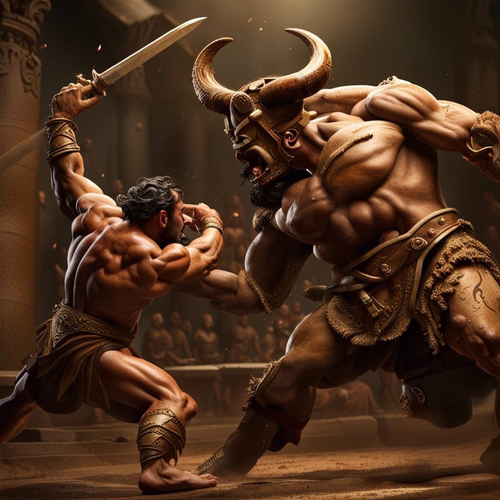 The Cretan Minotaur and Theseus.