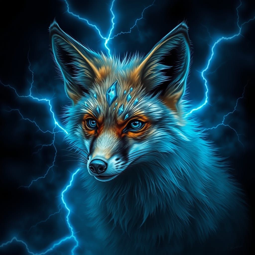 Mystical Fox with Blue Lightning in Dark Fantasy Style