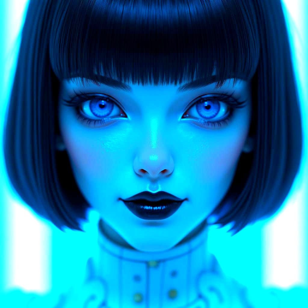Cybernetic Goddess Smizes in Neon Blue