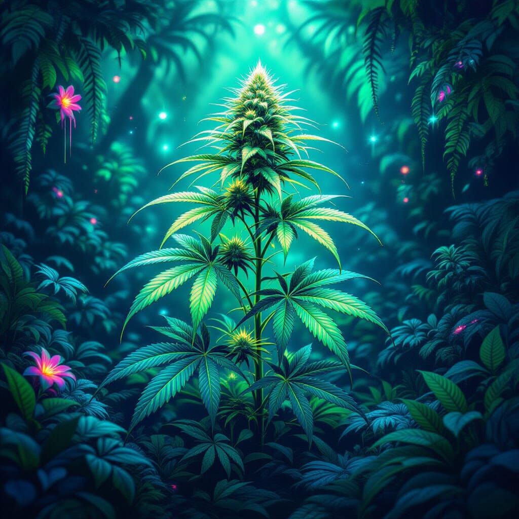 Bioluminescent Cannabis Plant in Psychedelic Alien Jungle