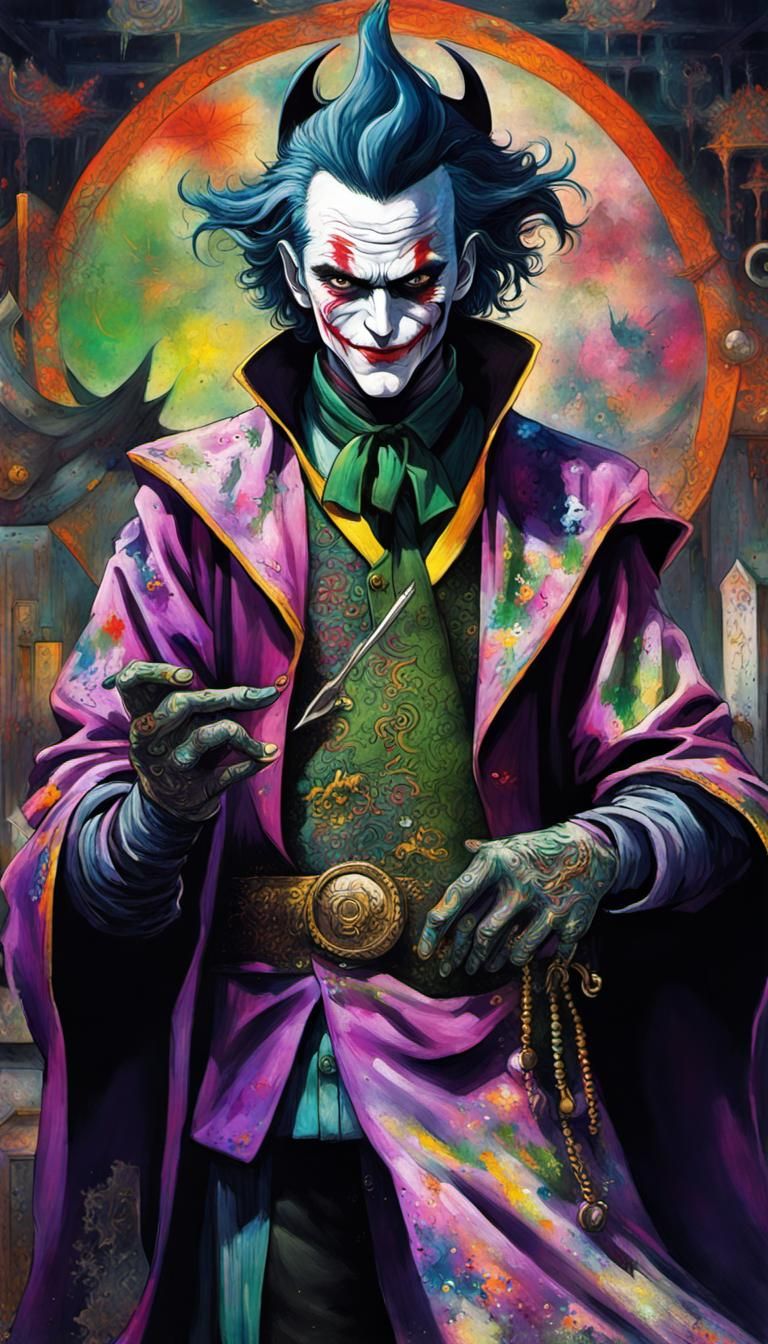 Lord joker ((from batman ninja1:1), (The Conjurer by Leonora Carrington:1.1),lord joker in the middle of picture, super ...