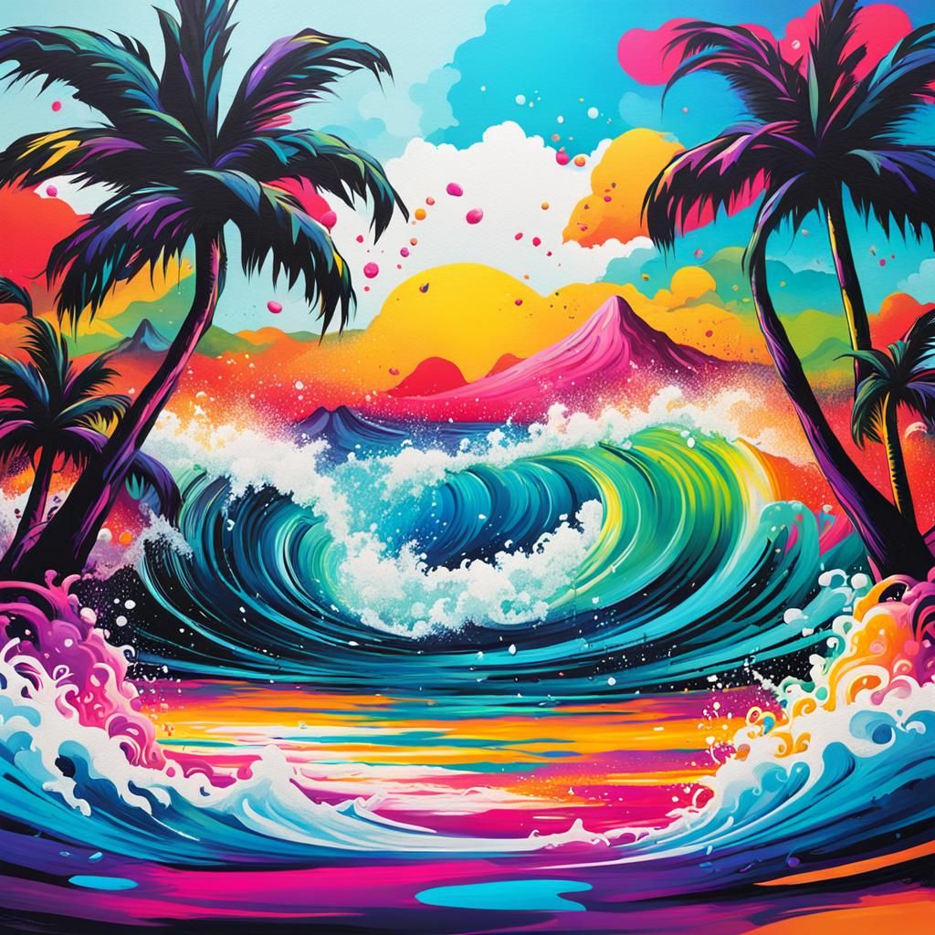 Groovy Summer Beach Scene in Graffiti Art Style
