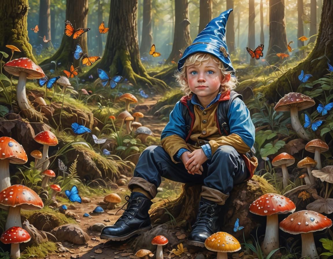 Oil painting, ultra realistic photo, a little sweet gnome boy, with blond curly hair, is wearing a gnome dot hat, bright...