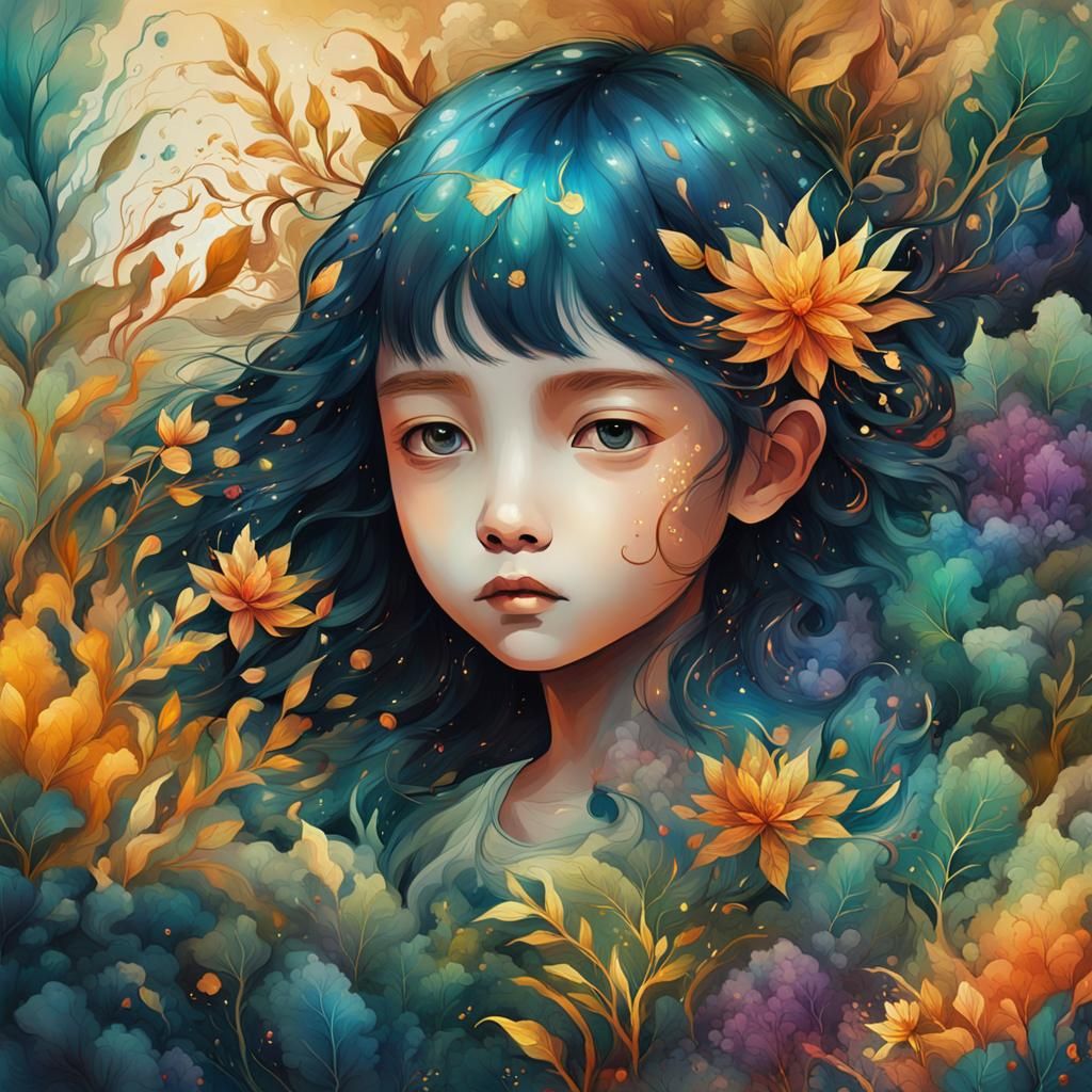 Child Amongst Araceae Plants in Abstract Alcohol Ink