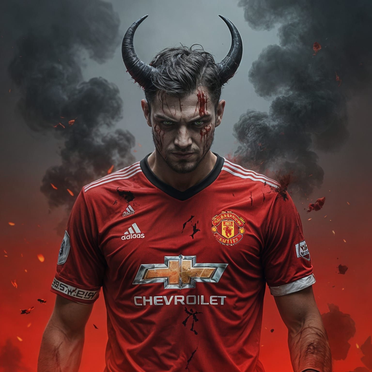 Menacing Manchester United Devil with Black Smoke