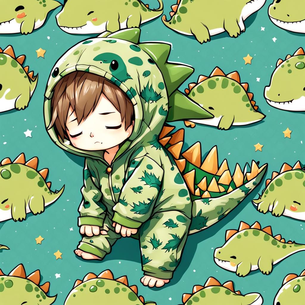 Sleepy Chibi Boy in Dinosaur Pajamas