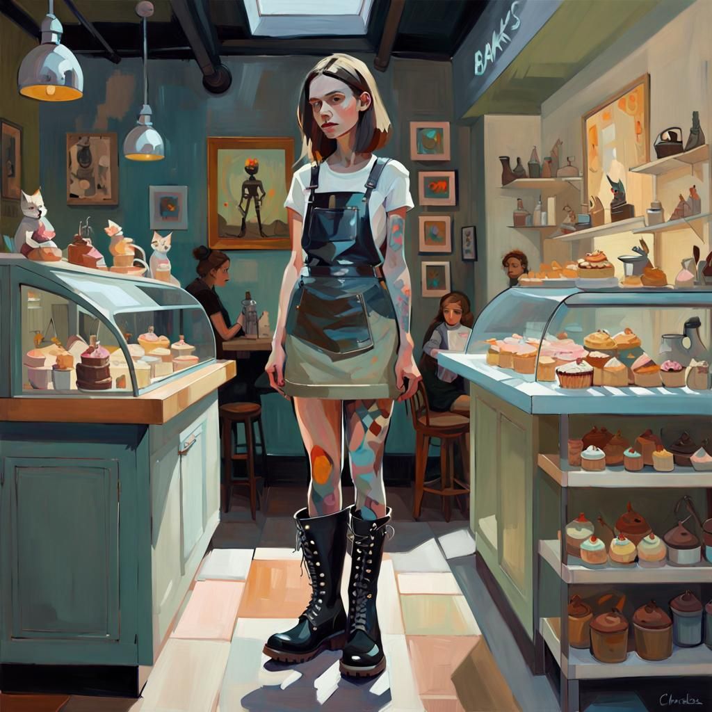 Surreal Bakery Scene with Anthropomorphic Characters