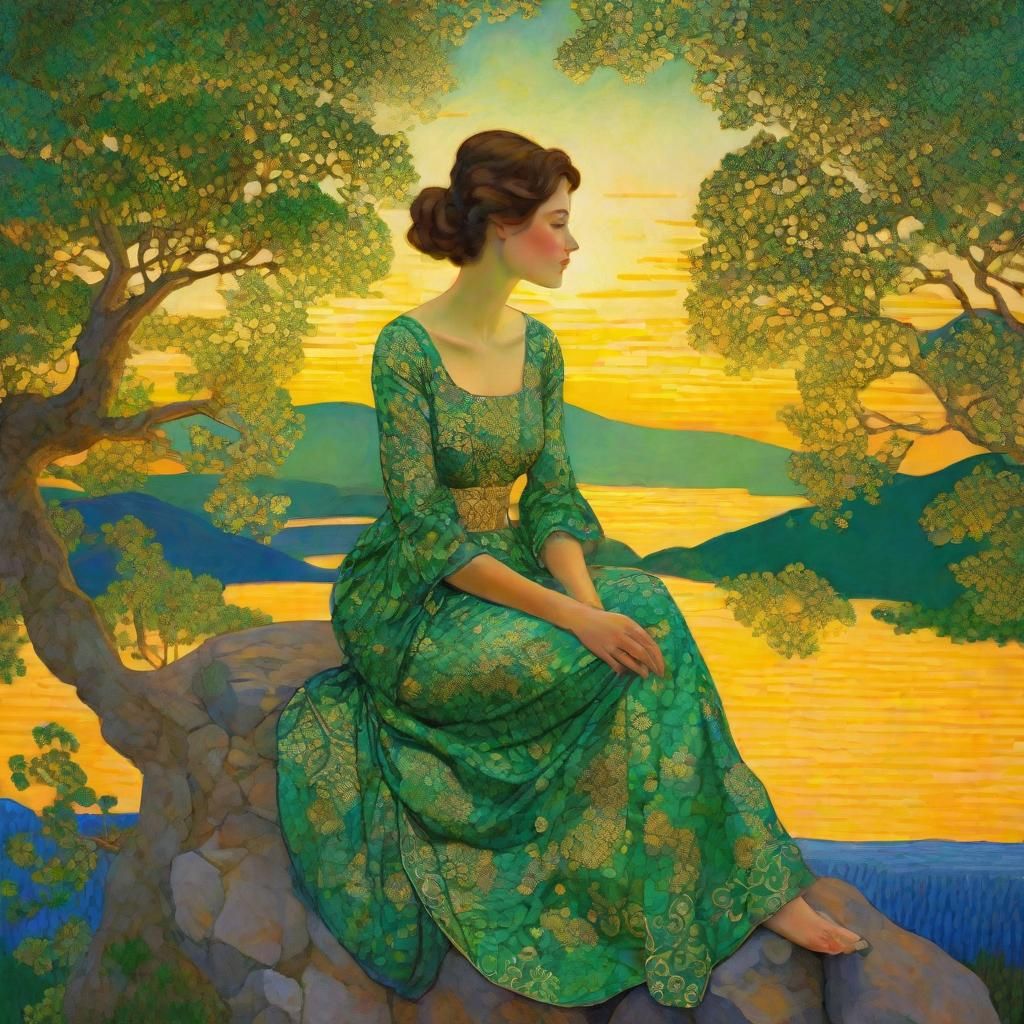Sunset Vista: Lady on a Rock, in Neo-Impressionism Style