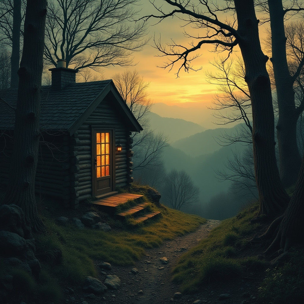 Foreboding Log Cabin in Dark Fantasy Landscape
