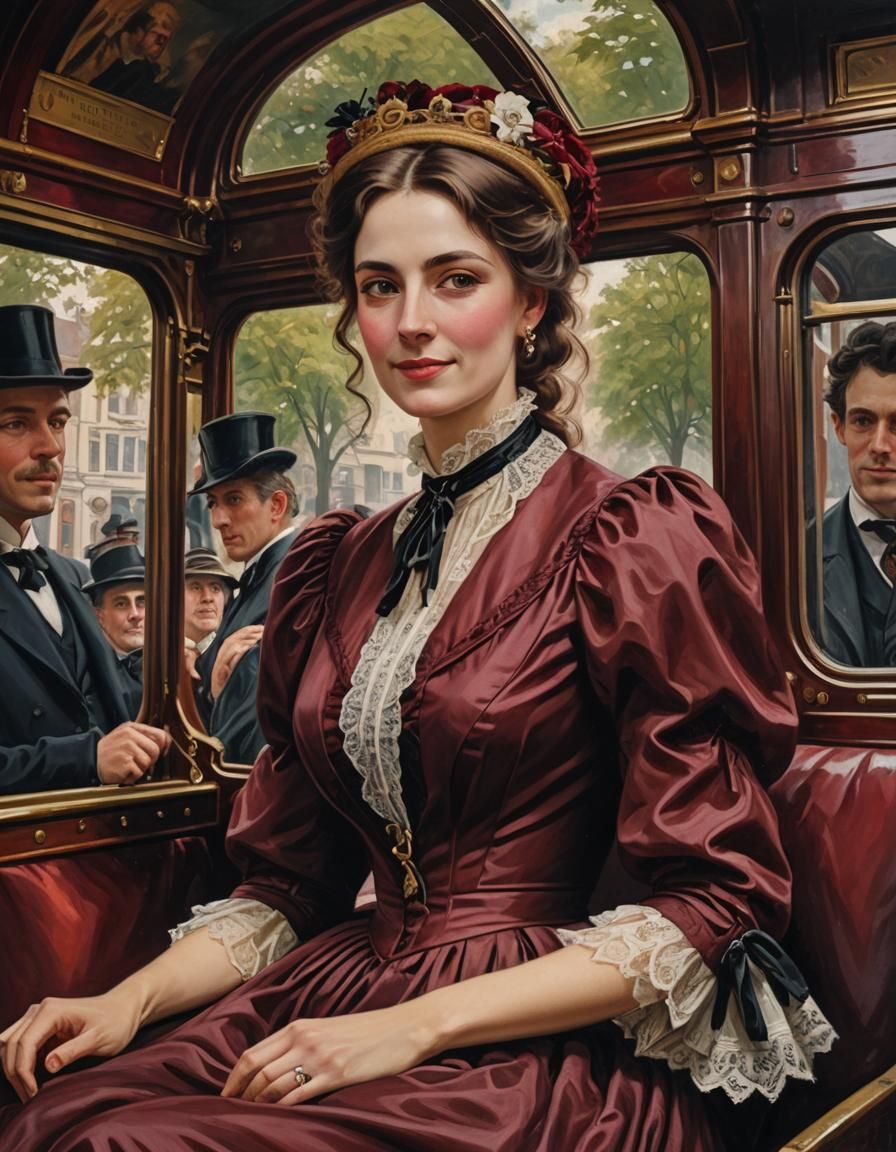 A beautiful young Victorian woman wearing a burgundy dress on a omnibus in London, full of joy, oil on canvas, half body...