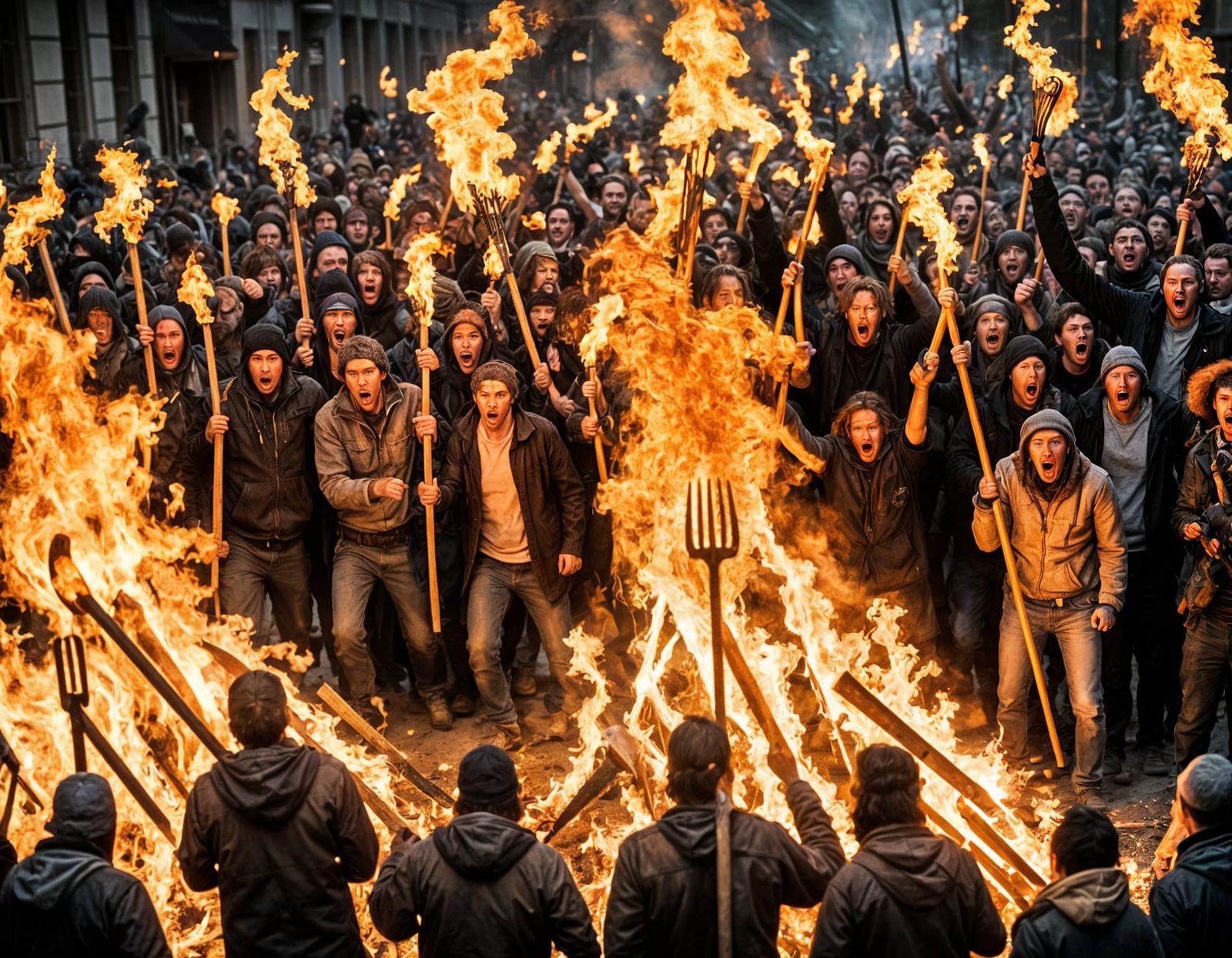 Angry Mob with Torches and Pitchforks
