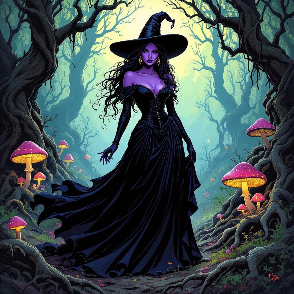 Purple Demon Witch in Mystical Forest, Fantasy Art