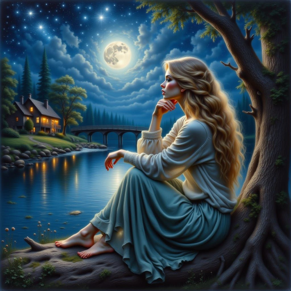 Woman Gazing at Starry Night Landscape in Digital Painting