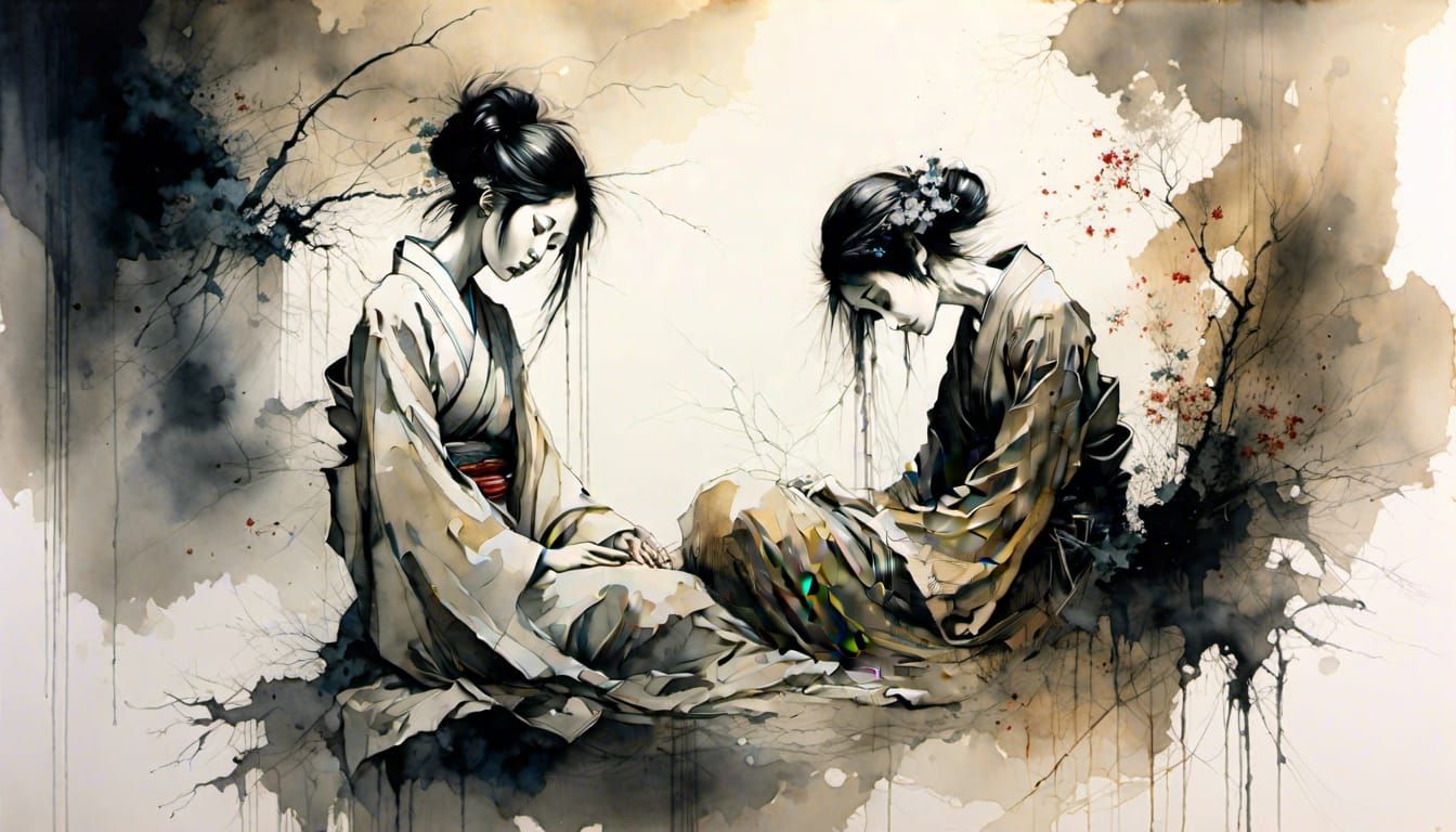Japanese Lesbian Couple in Ink Wash Style