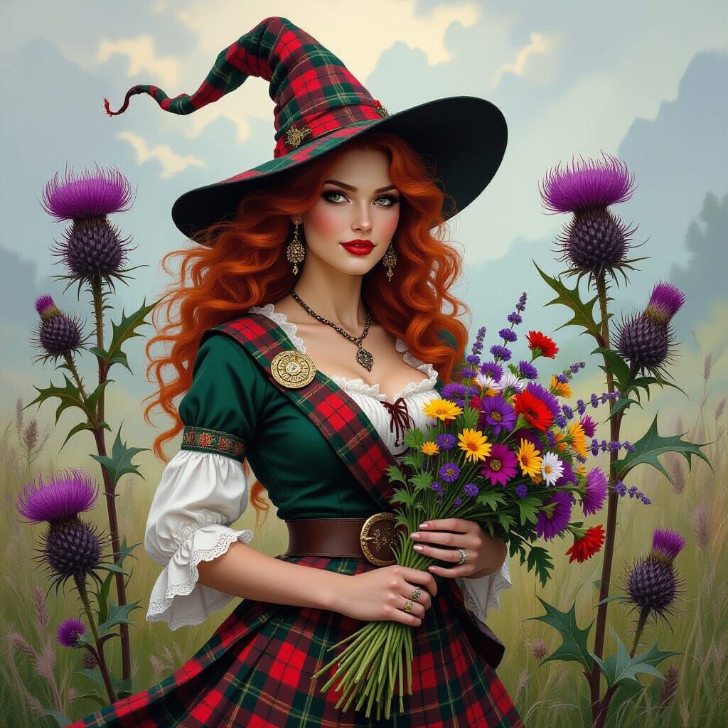 Highland Witch Gathering Flowers in Fantastical Style