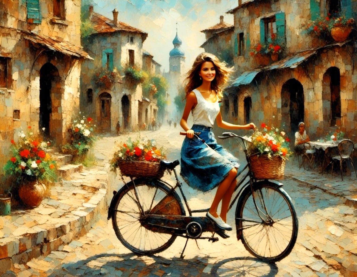 Girl on Antique Bicycle in 1960s Oil Painting