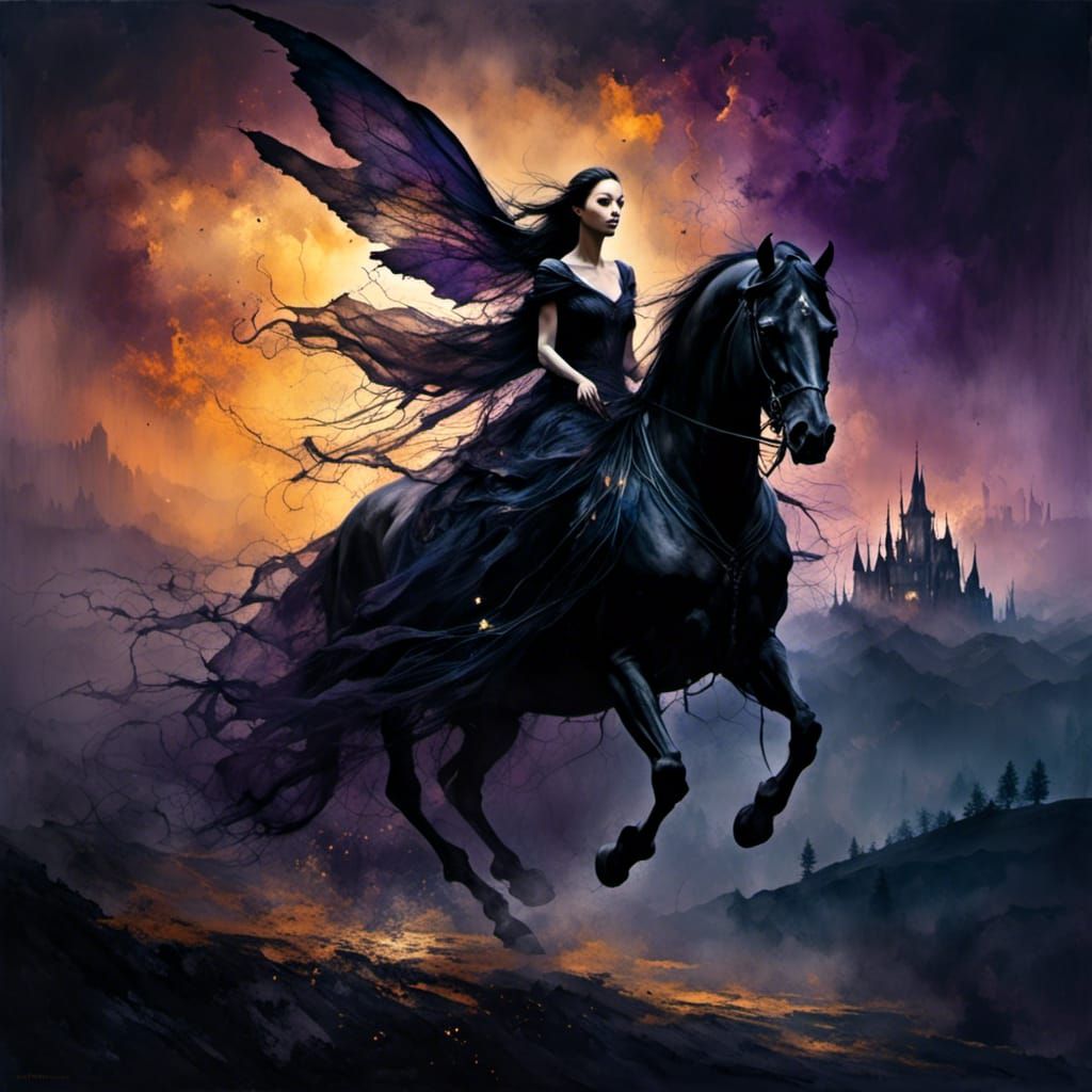 Dark Fairy on Horseback in Fantasy Landscape