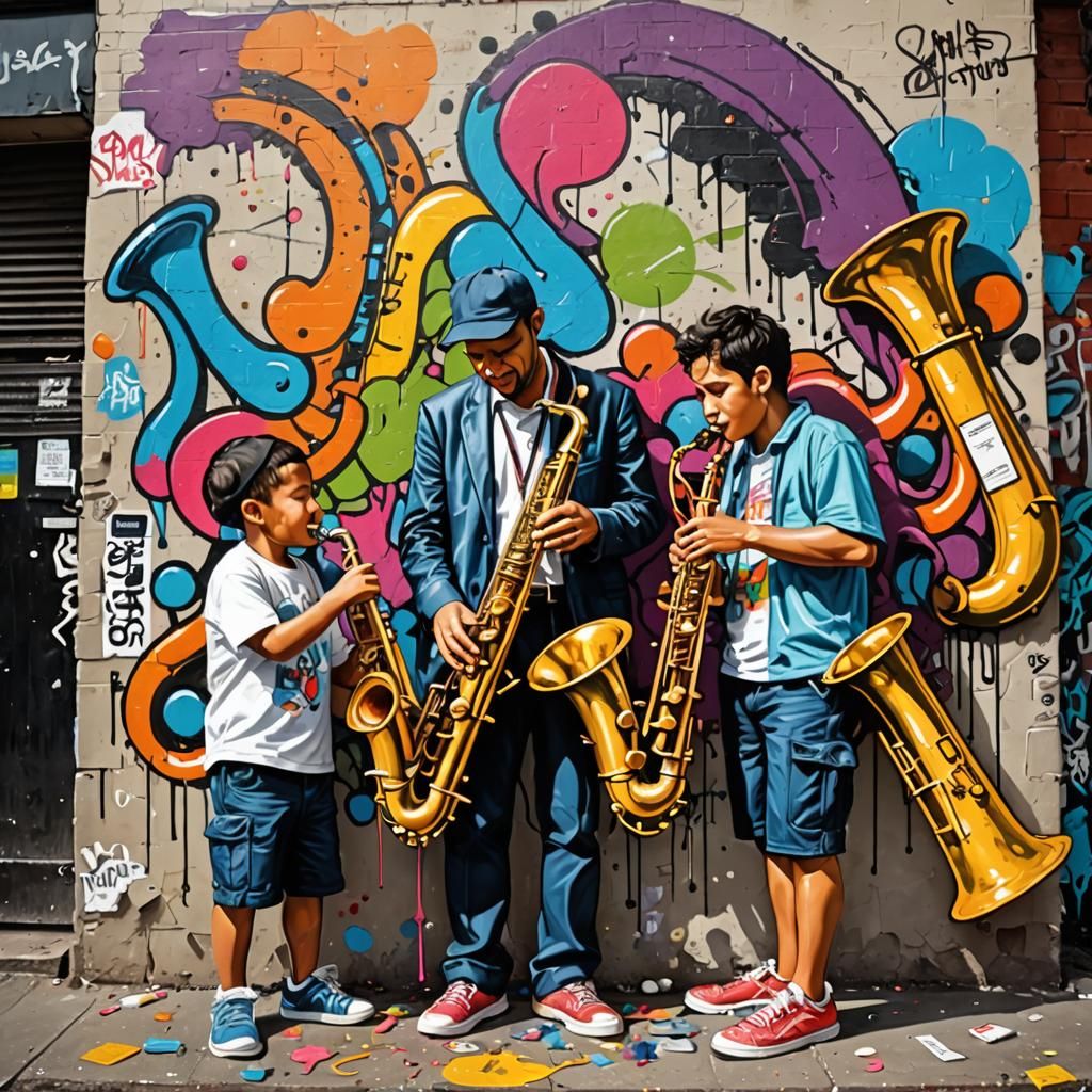 Colorful Graffiti Art with Saxophone and Trombone