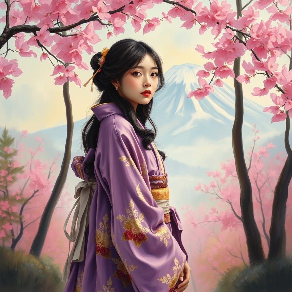 Ethereal Lady in Cherry Blossom Forest, Inspired by Eastern...