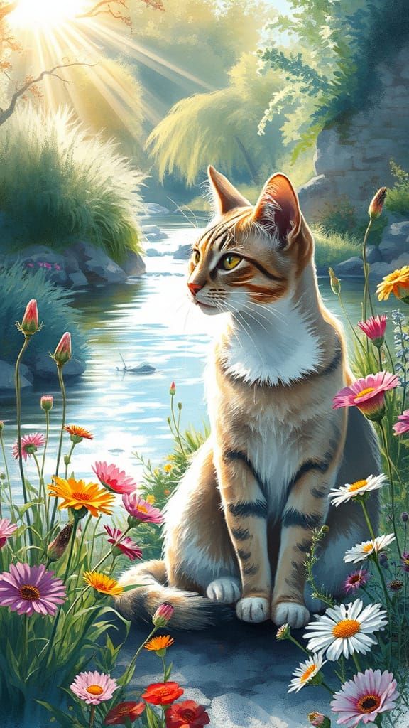 Cat in Sunlit River Garden, Watercolour Style