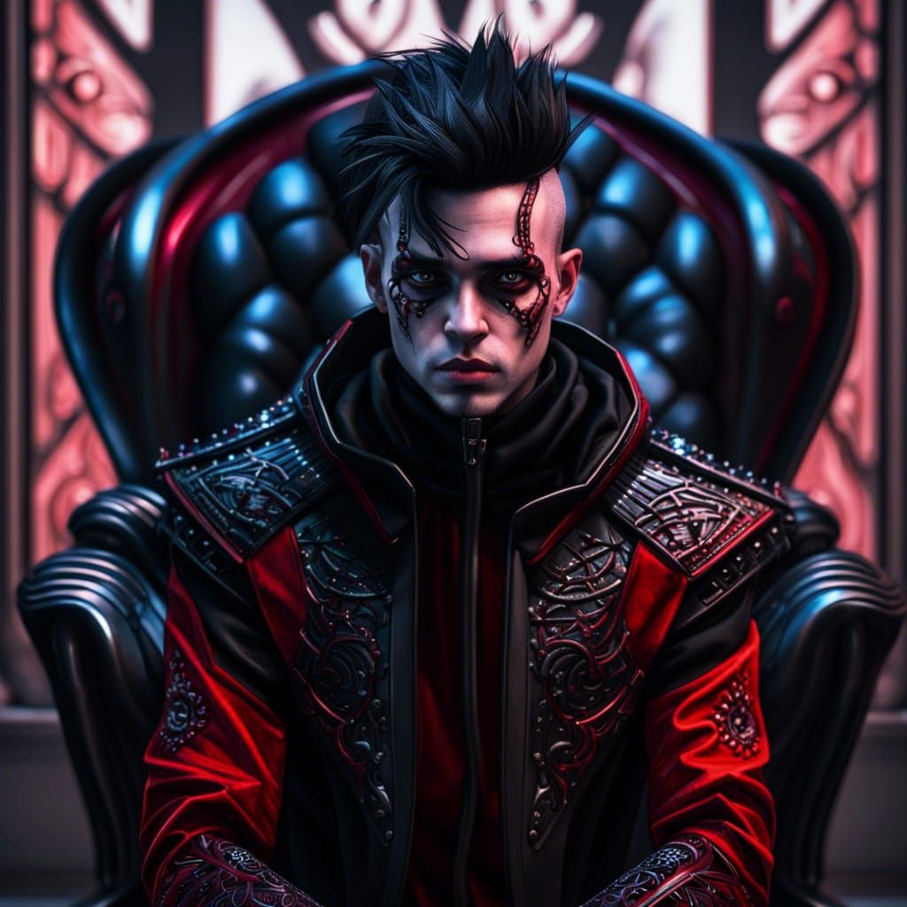 Goth Man on Sci-Fi Throne in Hyperrealistic Style