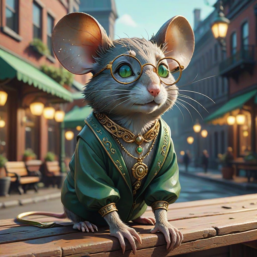 Whimsical Mouse in Quaint City Scene, Detailed Matte Paintin...