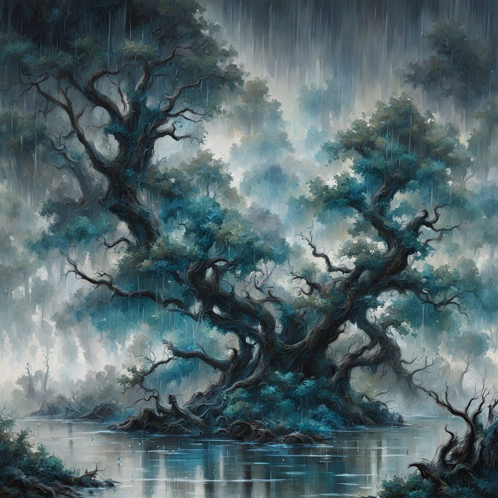 Mystical Rainforest Scene in Oil Painting Style