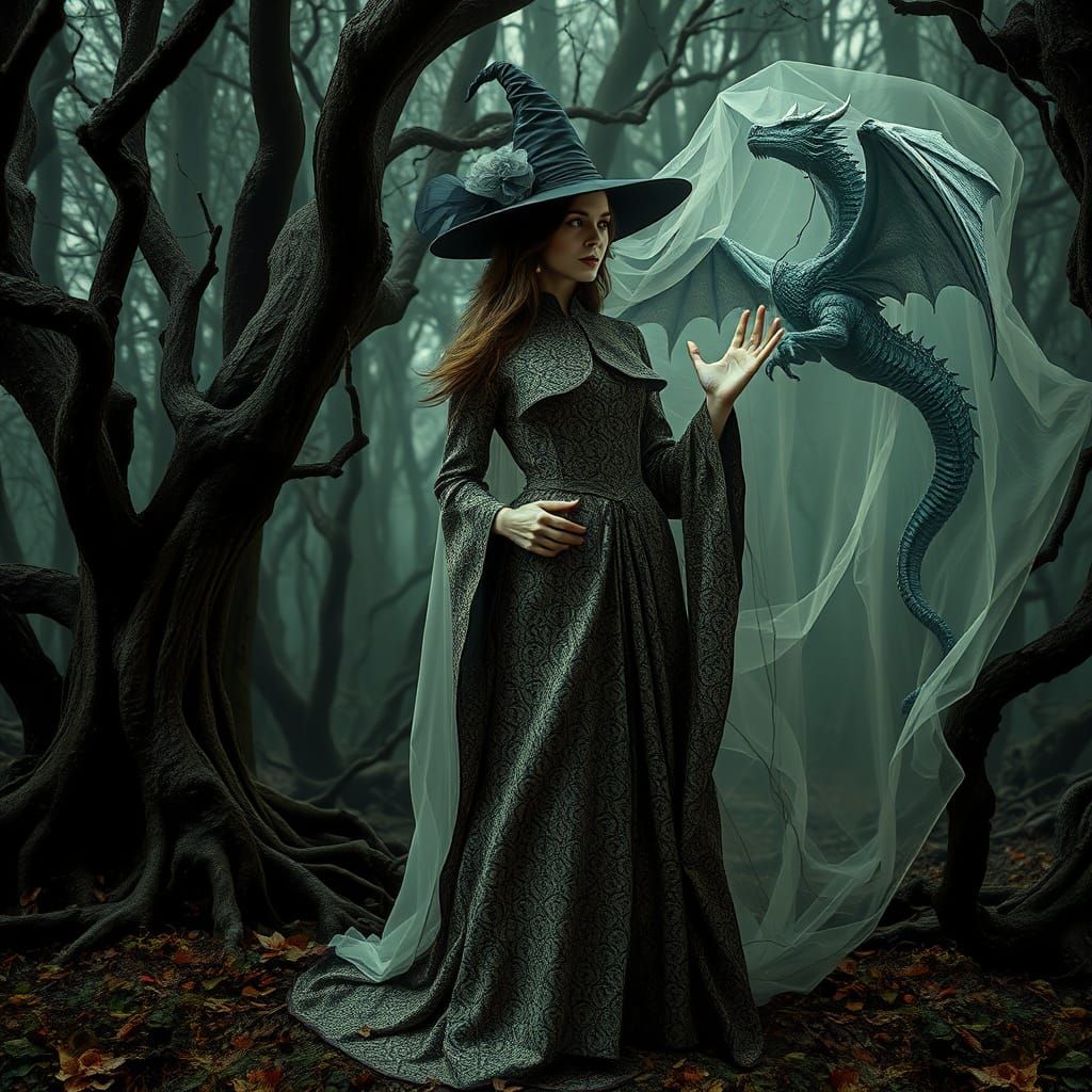 Forest Witch Summons Spectral Dragon in Dark Fantasy Style