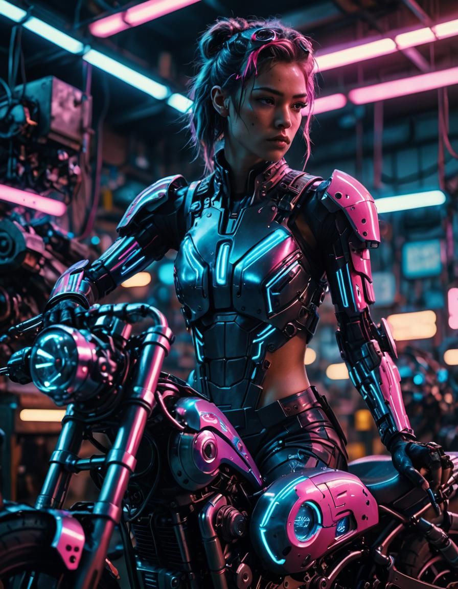 Cyborg Woman in Machine Shop: Cyberpunk Film Still
