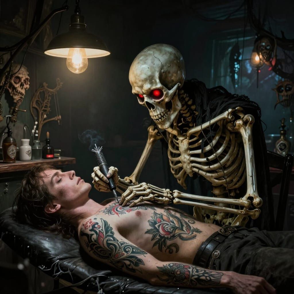 Evil Skeleton Tattoo Artist in Underworld Shop