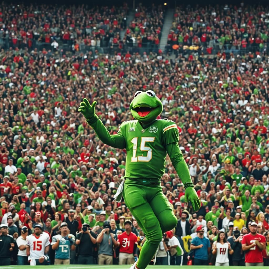 Kermit as Mahomes: Hyperrealistic Cinematic Football Scene