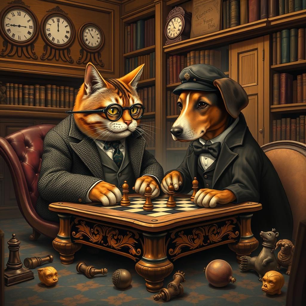 Whimsical Victorian Cat and Dog Chess Game