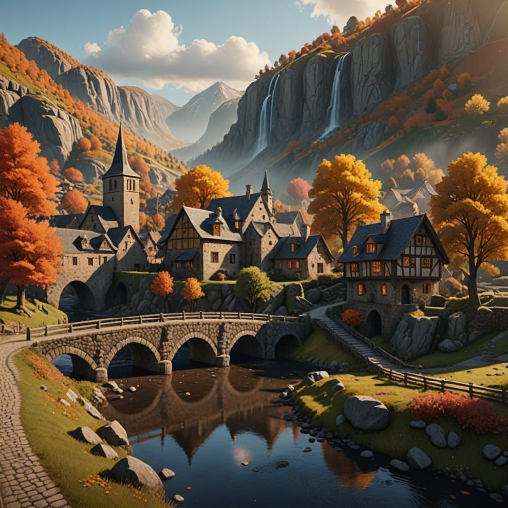 Quaint Autumn Village in Valley: Matte Painting