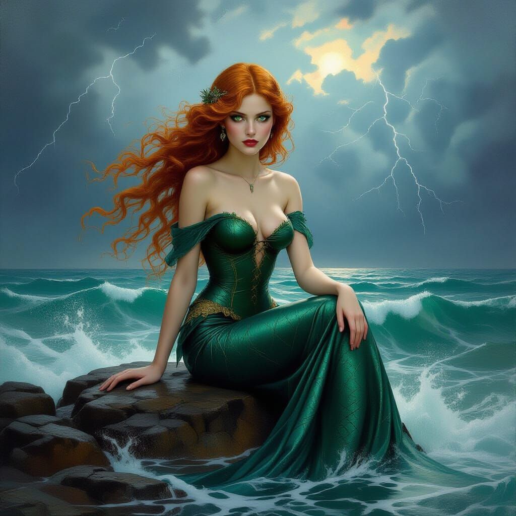 Gothic Mermaid in Stormy Sea, Dramatic Romantic Style