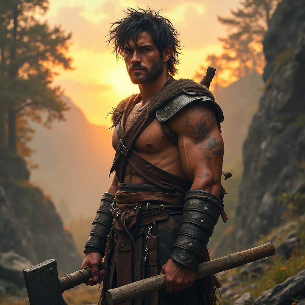 Barbarian Warrior with Greataxe in Sunset Light