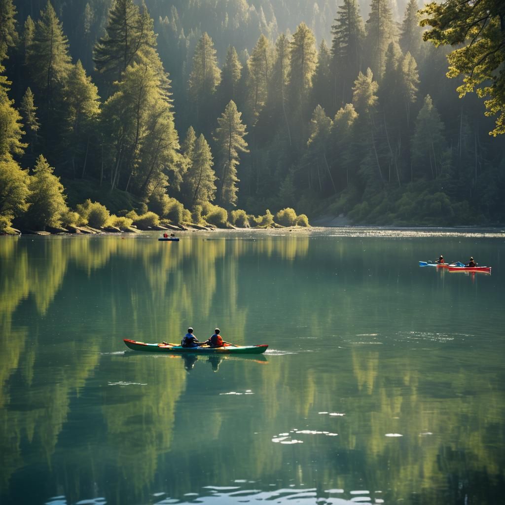Kayakers on Serene Lake: Dynamic Matte Painting