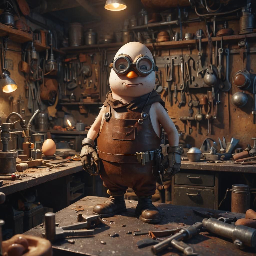 Industrious Egg Welder in a Retro Workshop